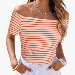 Women's Off-Shoulder Striped Top - Orange and White
